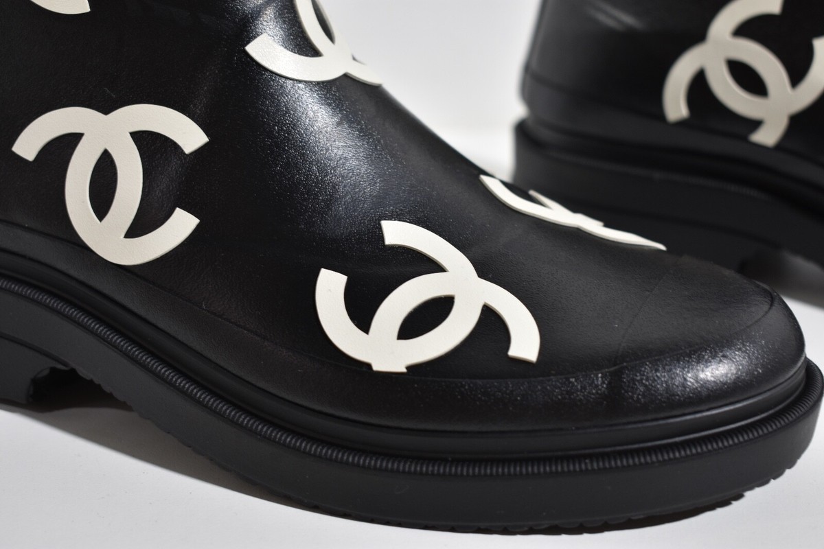 Chanel 23A Black White All Over Logo Rubber CC Low Top Short Ankle