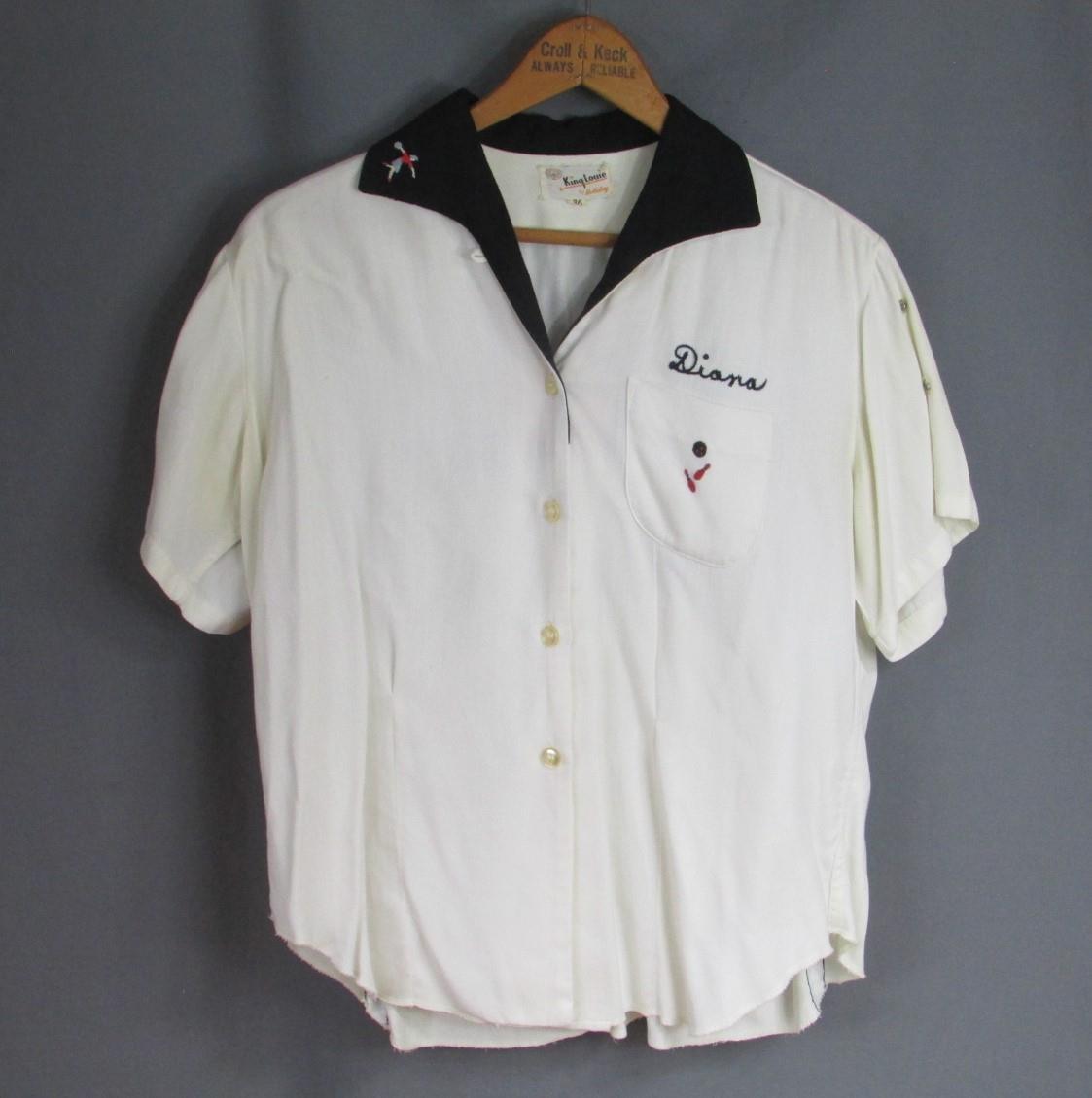 Vintage 1950s King Louie Bowling Shirt Rayon Gab Wht/Blk South