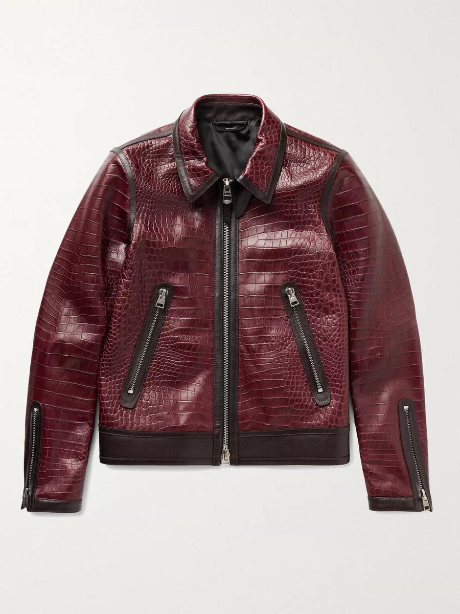 TOM FORD Croc-Effect Leather Jacket IT 46 Burgundy Brown BV422