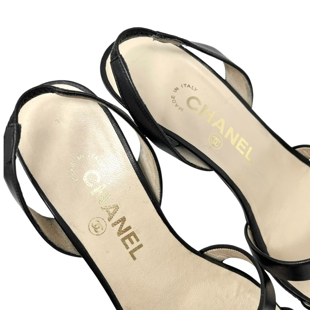 CHANEL Vintage 98P CC Logo Heels Mules Sandals #36.5-37 Black Gold