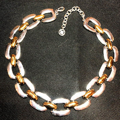 GIVENCHY SILVER & GOLD 1970'S MODERNIST CHUNKY LINK LOGO NECKLACE