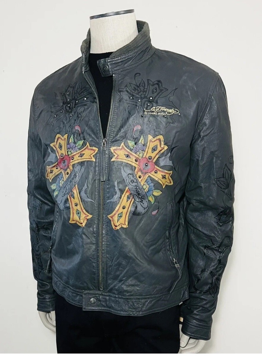 🔥🚨Vintage Christian Audigier Ed Hardy Men's Leather Jacket Sz