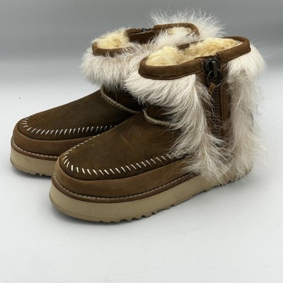 UGG Boots Womens Size 5 Brown Suede Shearling Fur Ankle Zip Fluff