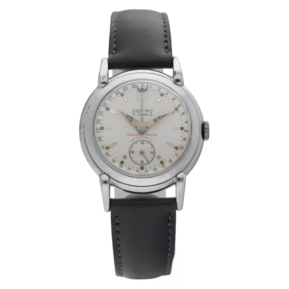 Vintage Den-Ro 17 Jewels 32mm Steel Calendar Leather Manual Wind