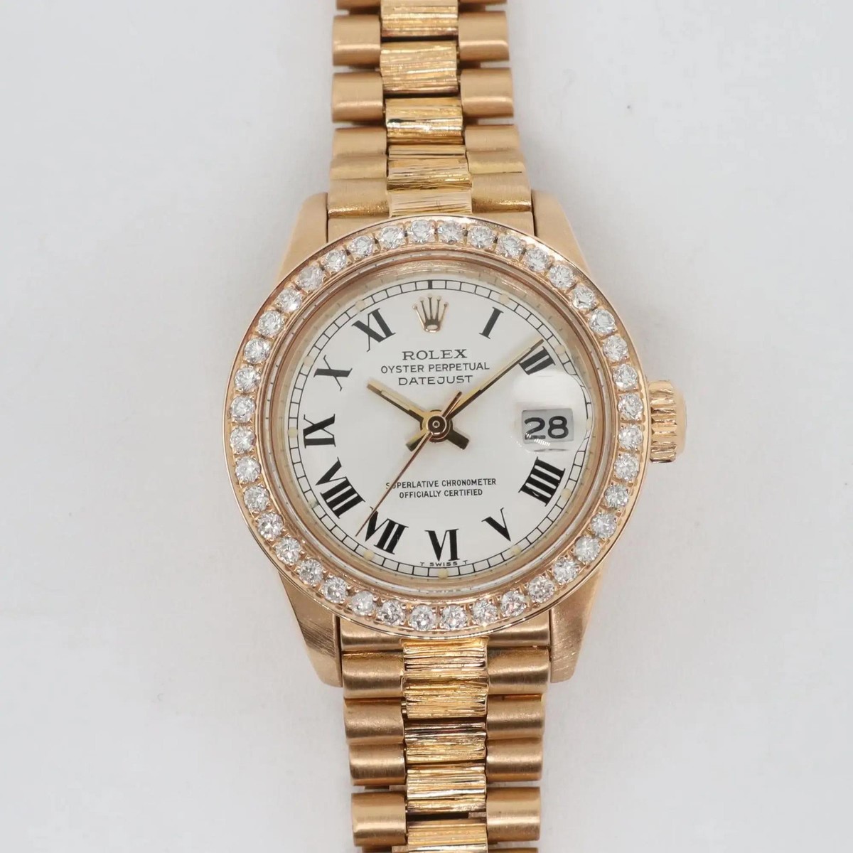 1980s Rolex 6927 Datejust 26mm 18K Gold President Custom Diamond