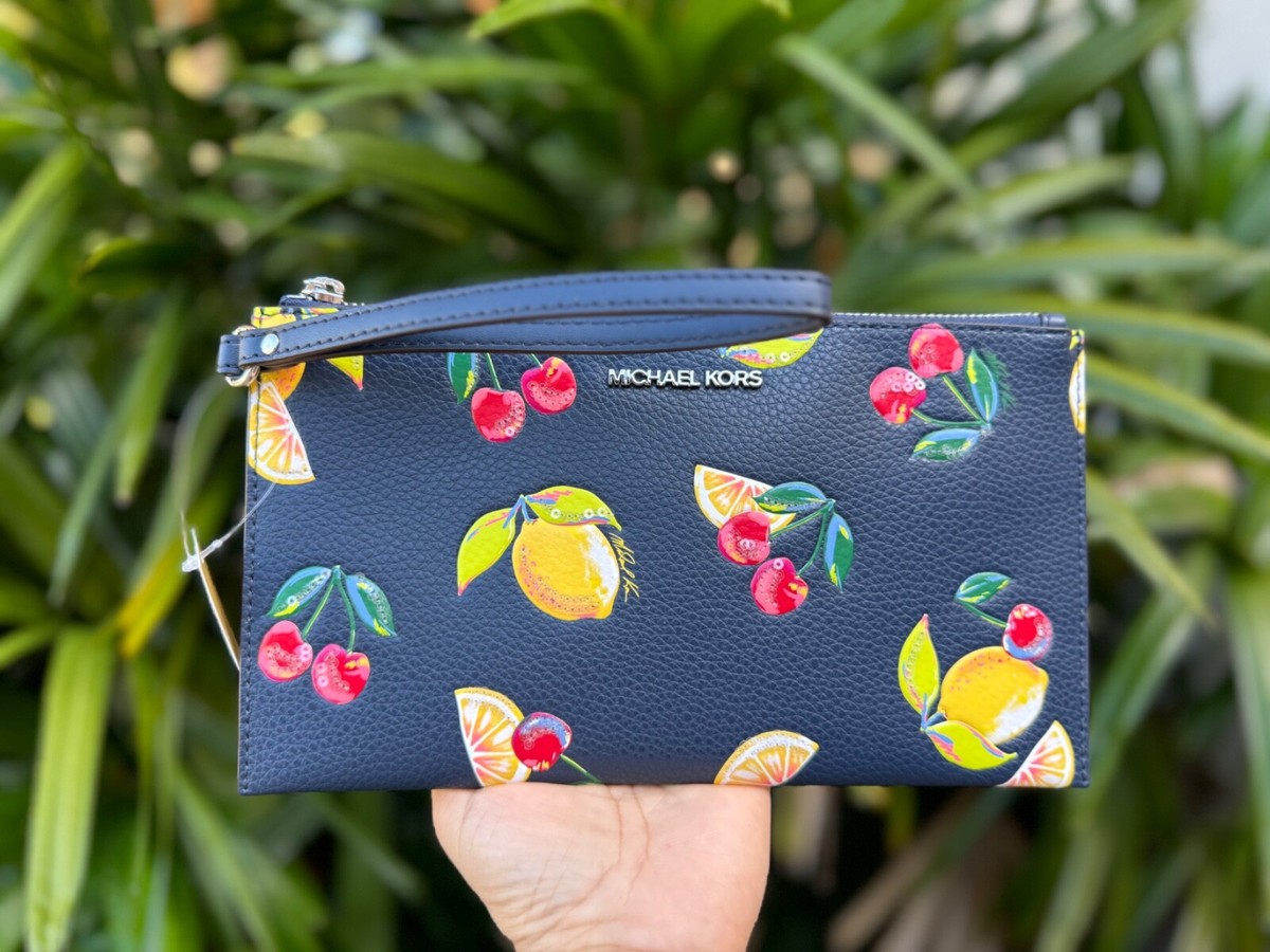 MICHAEL KORS JET SET TRAVEL XL CLUTCH WRISTLET FRUIT MELODY NAVY