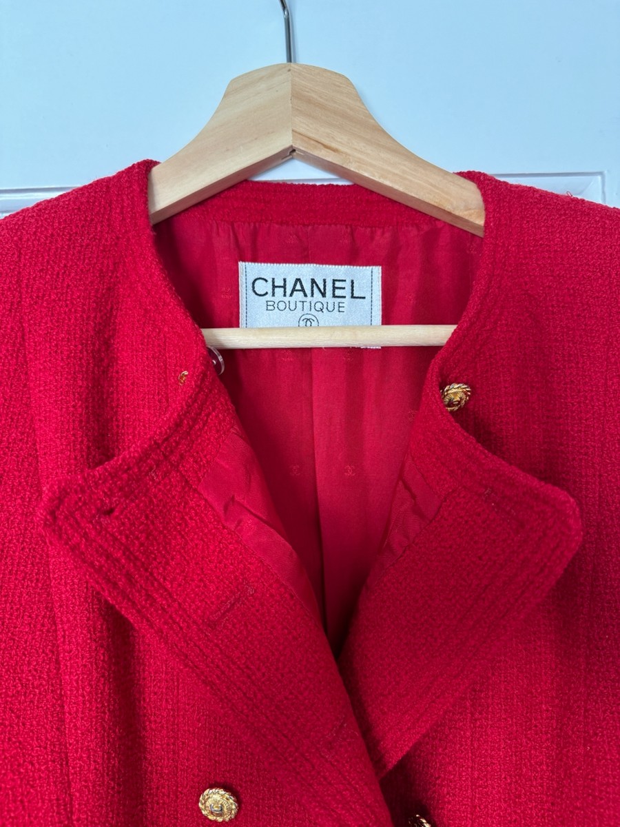 CHANEL Red Tweed Jacket with 20 Gold CC Buttons Jacket Coat FR 38