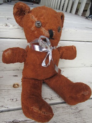 VINTAGE TEDDY BEAR RED BROWN PLUSH SEWING BUTTON EYES 195OS 60S