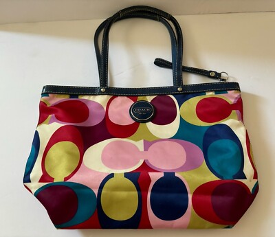 Vintage Y2K Coach Signature Scarf Logo Print Multicolor Satin Tote