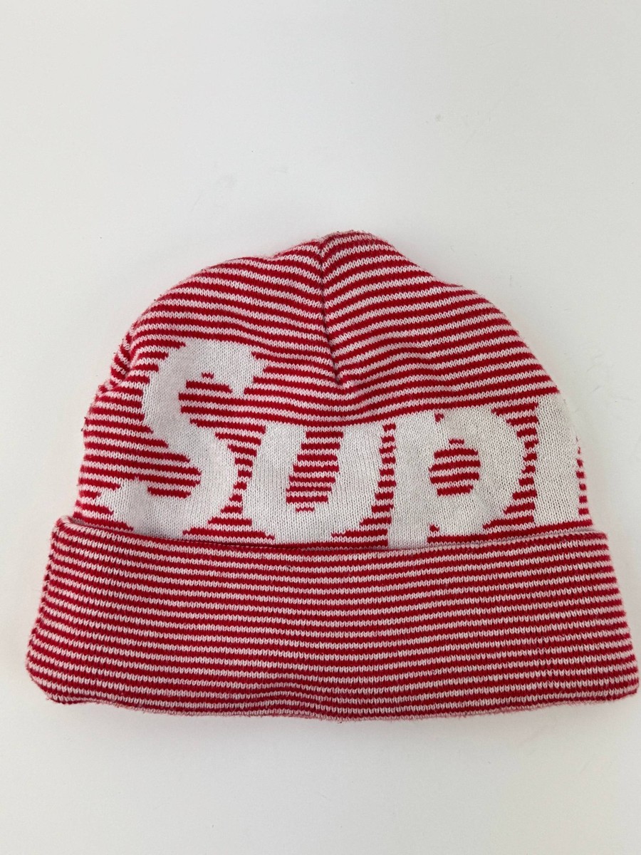 Supreme Striped Big Logo Red White Beanie Hat One Size | eBay