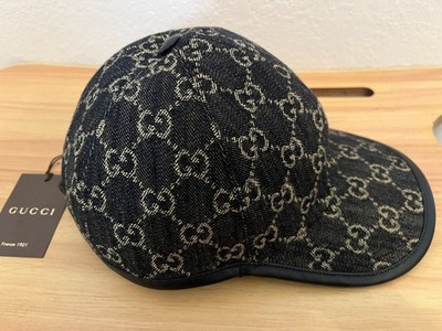 GUCCI GG Monogram Black/Gold Baseball Cap Leather Trim 57 cm NWT