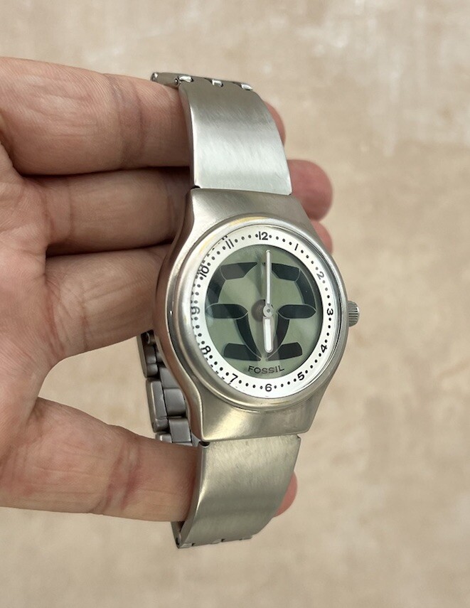 Rare y2k FOSSIL Big Tic Watch, White w/ Steel Strap, JR-7843, Box
