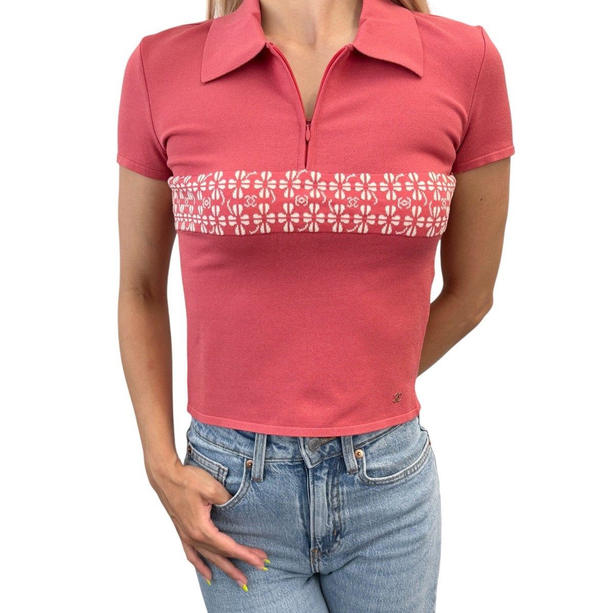 CHANEL Vintage 01P CC Logo Knit Polo Top #38 Pink Button Short