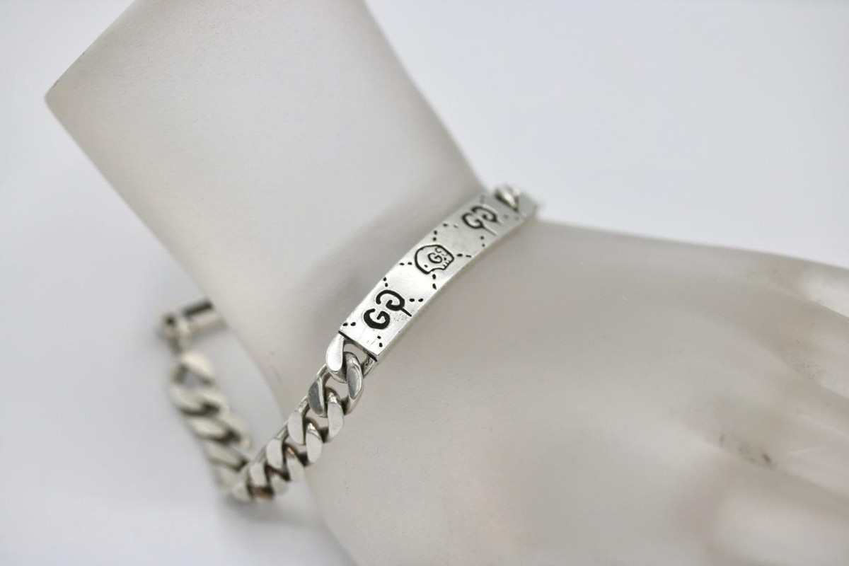 Authentic 925 Sterling Silver Men's Gucci Ghost Bar ID Curb Link