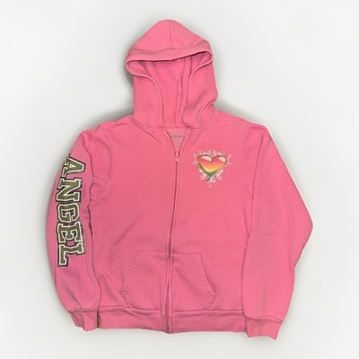 Vintage Y2K Pink Angel Zip Up Hoodie Heart Graphic Small 16x20.5