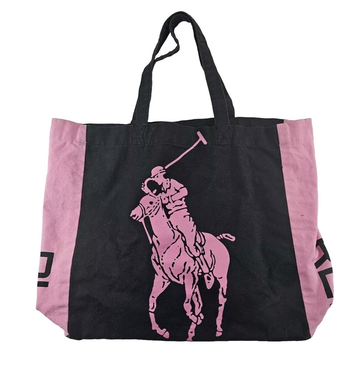 Ralph Lauren Canvas Tote Bag Pink Black Big Pony 2000 Logo Y2K