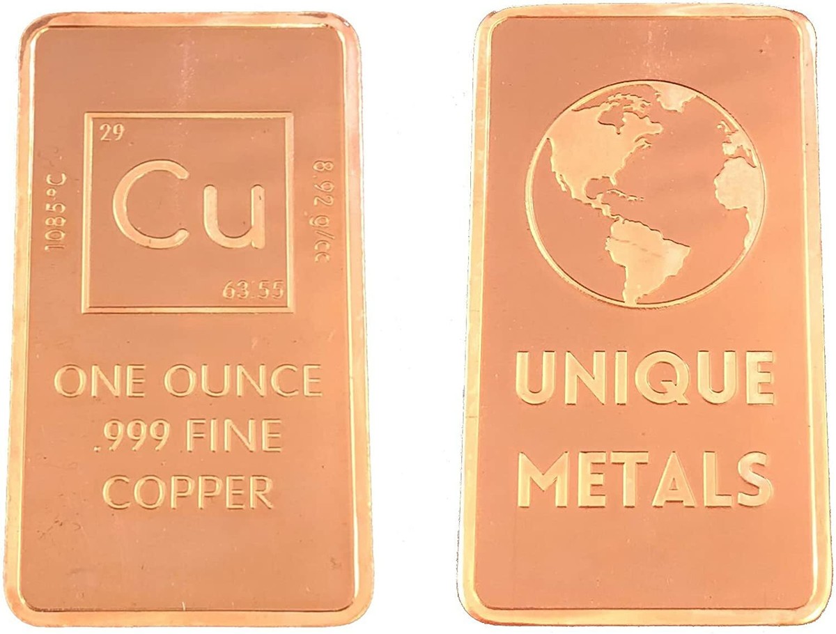 10 Pack - 1 Troy Ounce Copper Bar Bullion with Cu Element Design