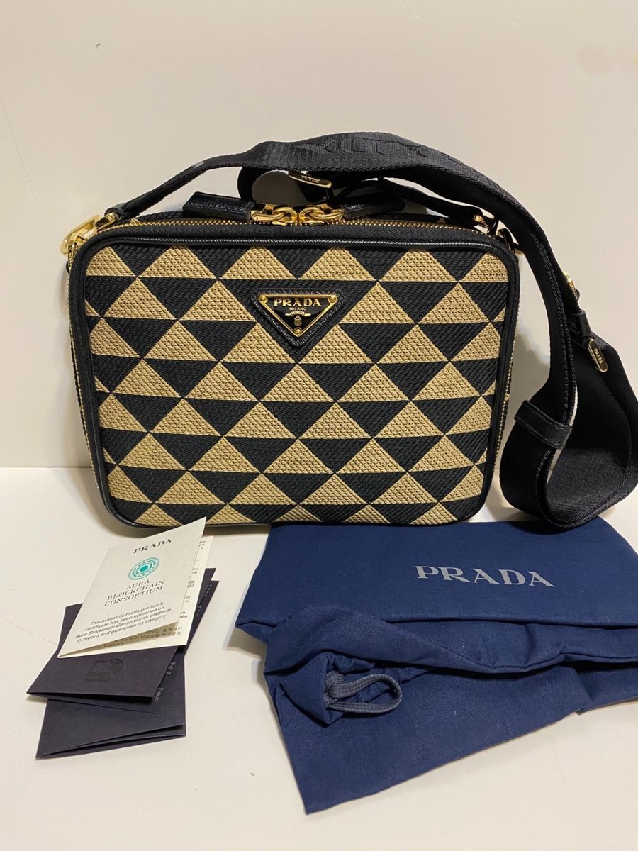 Authentic PRADA Symbole Embroidered Jacquard Fabric Black Beige