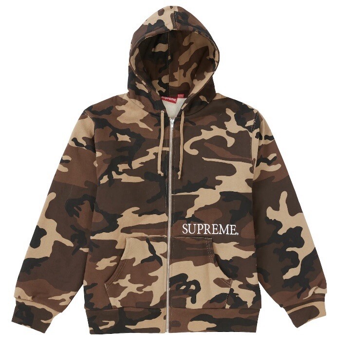 Supreme Thermal Zip Up Hooded Sweatshirt L Brown Camo Cotton Mens