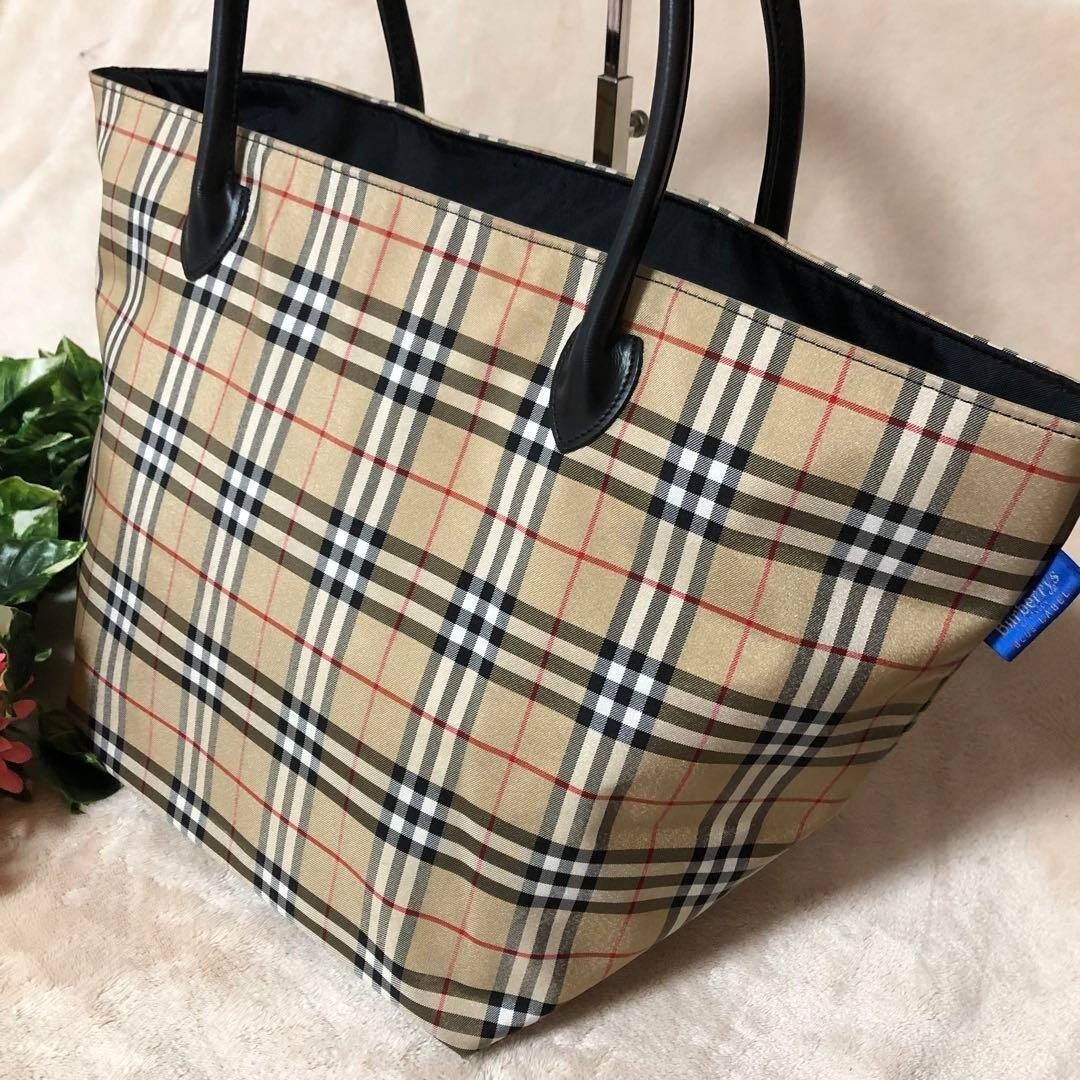 Burberrys BLUE LABEL Nova Check Shoulder Tote Bag Nylon Beige