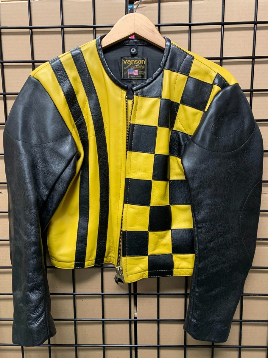 VANSON LEATHER MOTORCYCLE JACKET BLACK/YELLOW CHECKERED SIZE 40