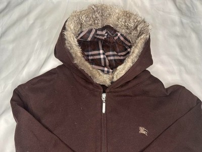 Burberry Black Label Zip Hoodie Parka Logo Check Dark Brown woman