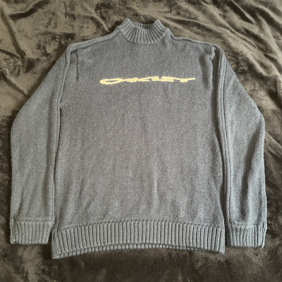 Vintage 90s OAKLEY Rare Spellout Mock Neck Knit Sweater Big Logo