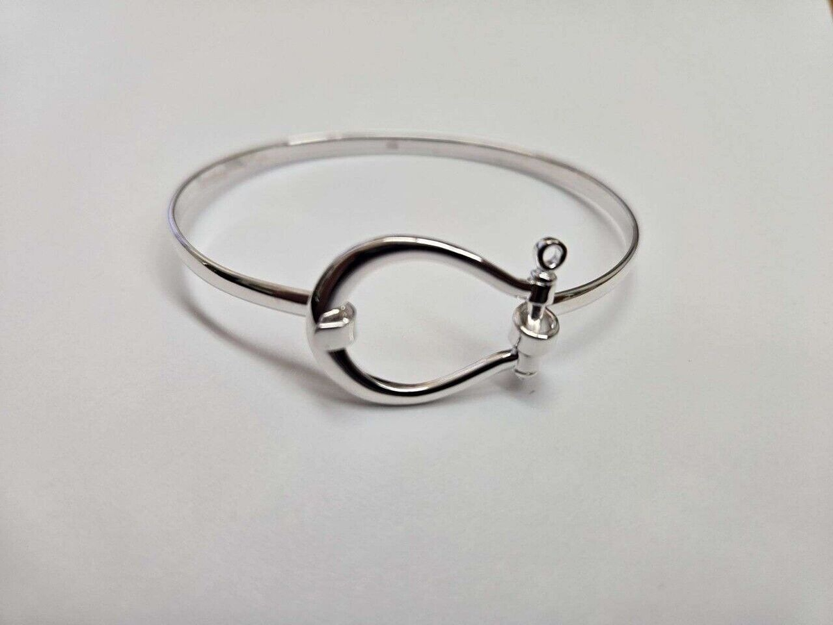925 Sterling Silver Sailing D Shackle Bangle Bracelet Hook & Eye