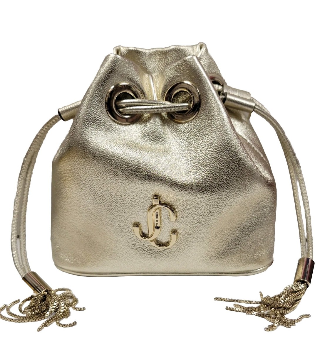 NWT NEW Jimmy Choo Marcheline Gold Mini drawstring bucket evening