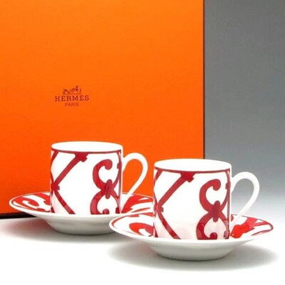 Hermes Balcon Du Guadalquivir Red Coffee Cup & Saucer Pair #11017