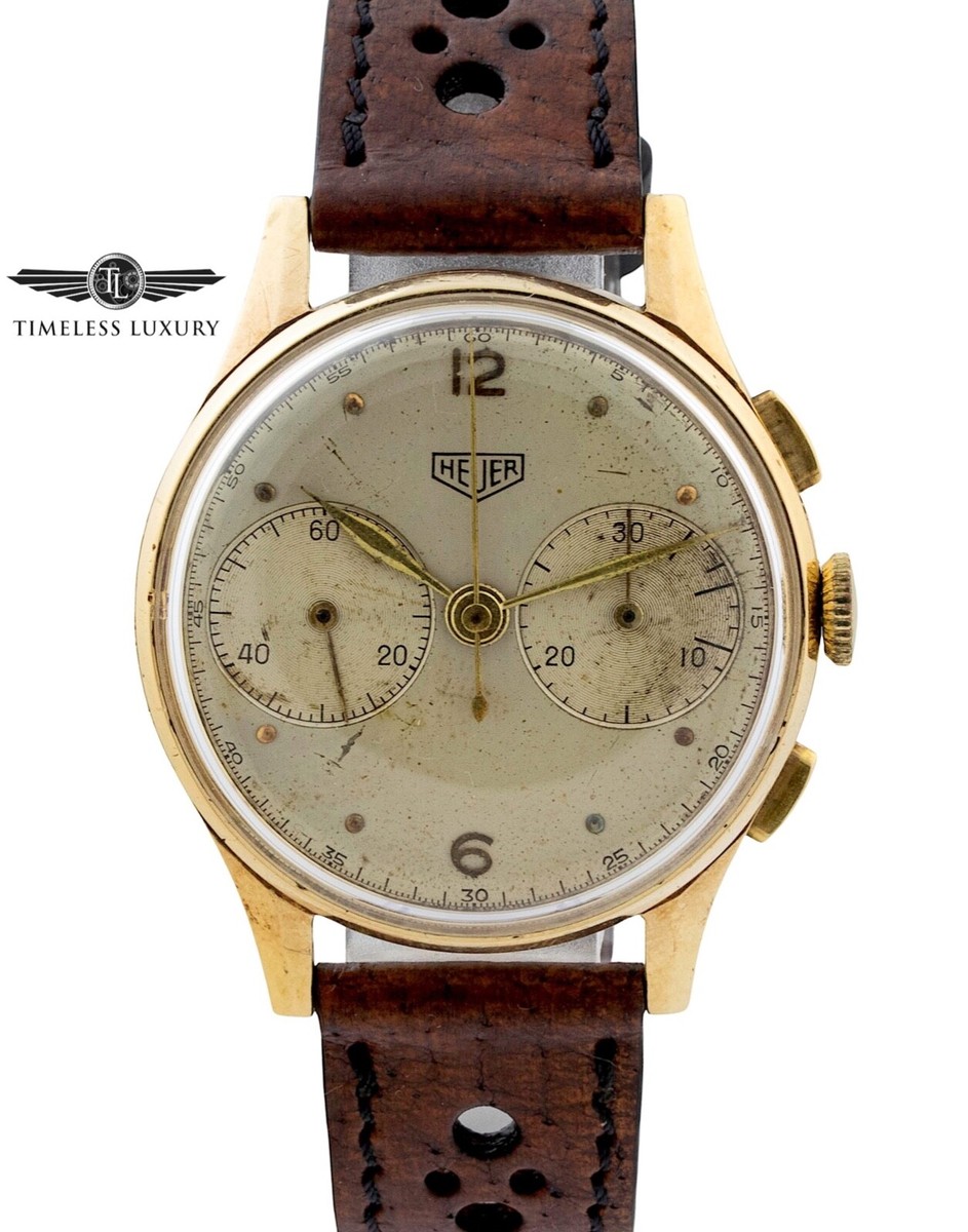 Vintage 1945 Heuer Chronograph 418J 18k Yellow Gold 36mm Silver