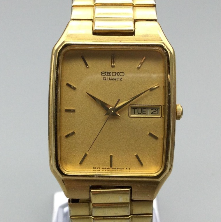 Seiko Tank Watch Men 28mm Gold Dial Gold Tone Rectangle 7N33-5028