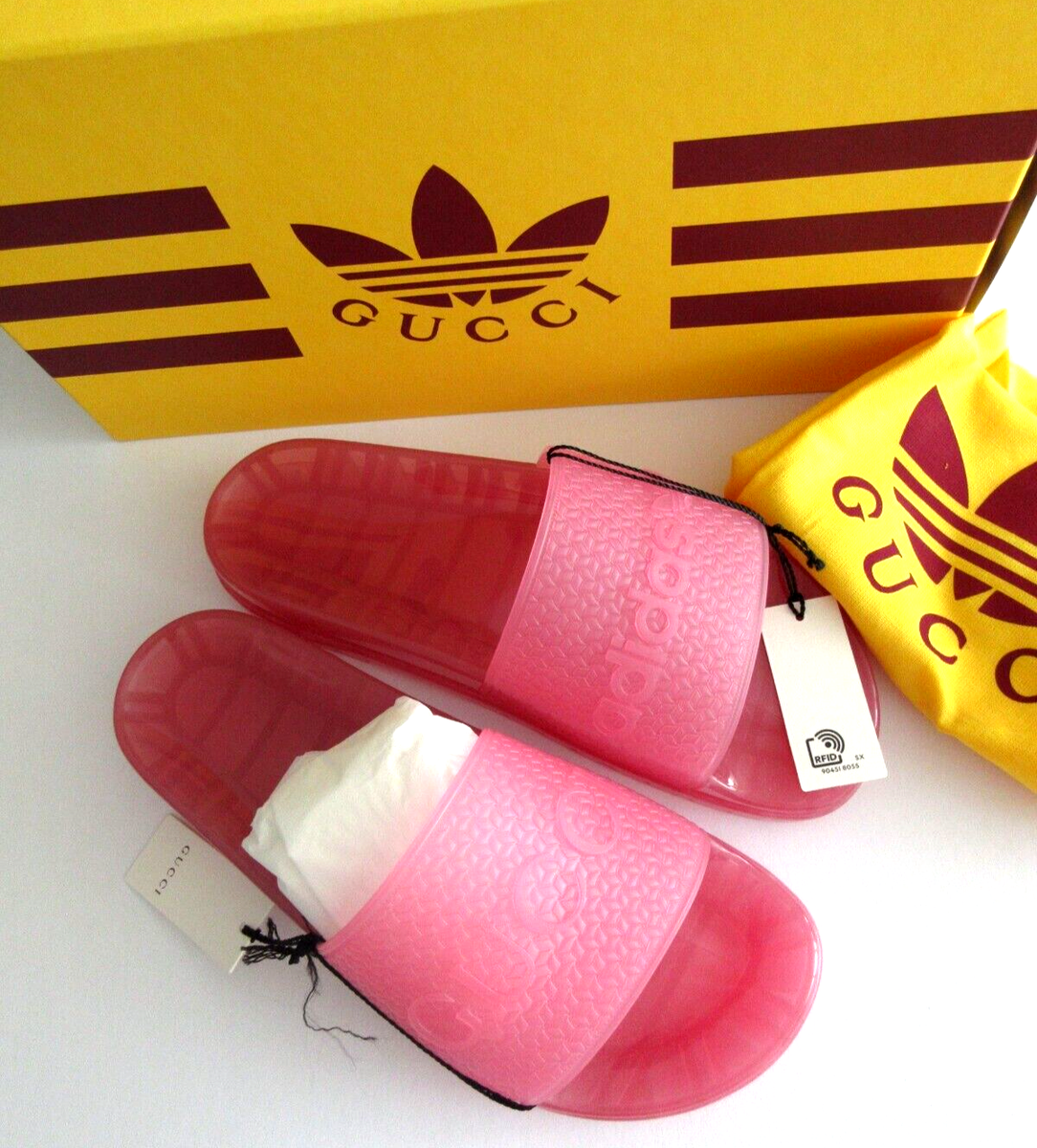 NEW GUCCI X ADIDAS LADIES PINK RUBBER LOGO SLIDE PLATFORM SANDAL
