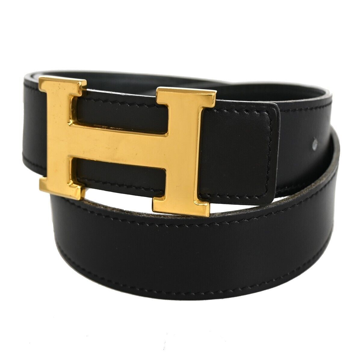 HERMES H Logo Constance Reversible Buckle Belt Leather #70 Black