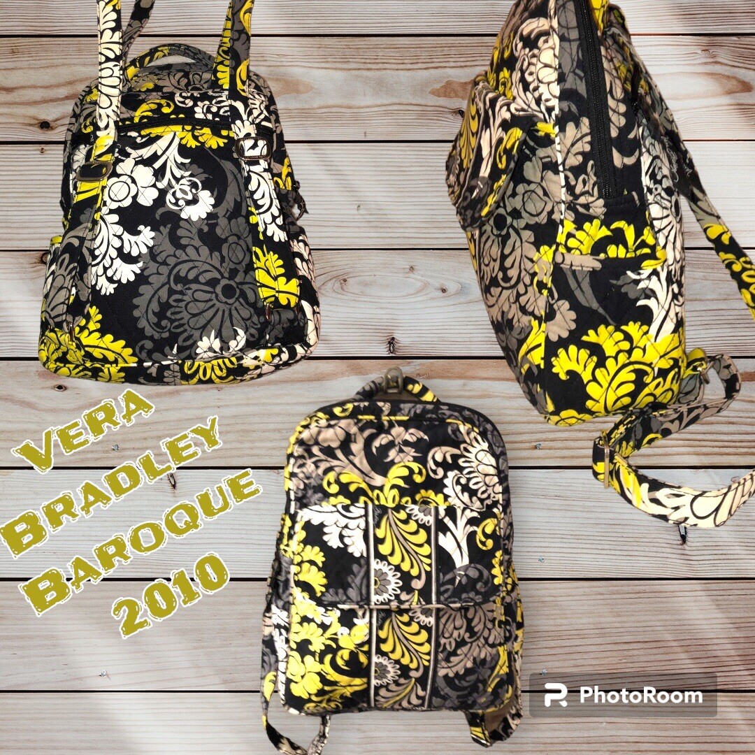 Vera Bradley Backpack Sm Quilted Cotton Zip Yellow Floral “Baroque