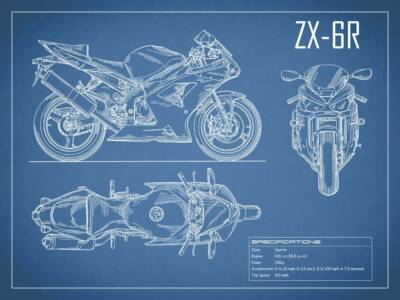 Poster - Kawasaki Ninja ZX-6R, Motorcycle Blueprint Retro Modern