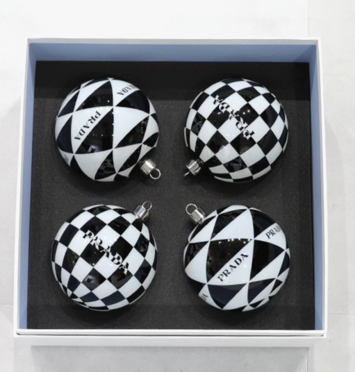 PRADA Bianco/Nero Logo Christmas Tree Glass Ball Ornaments Set of