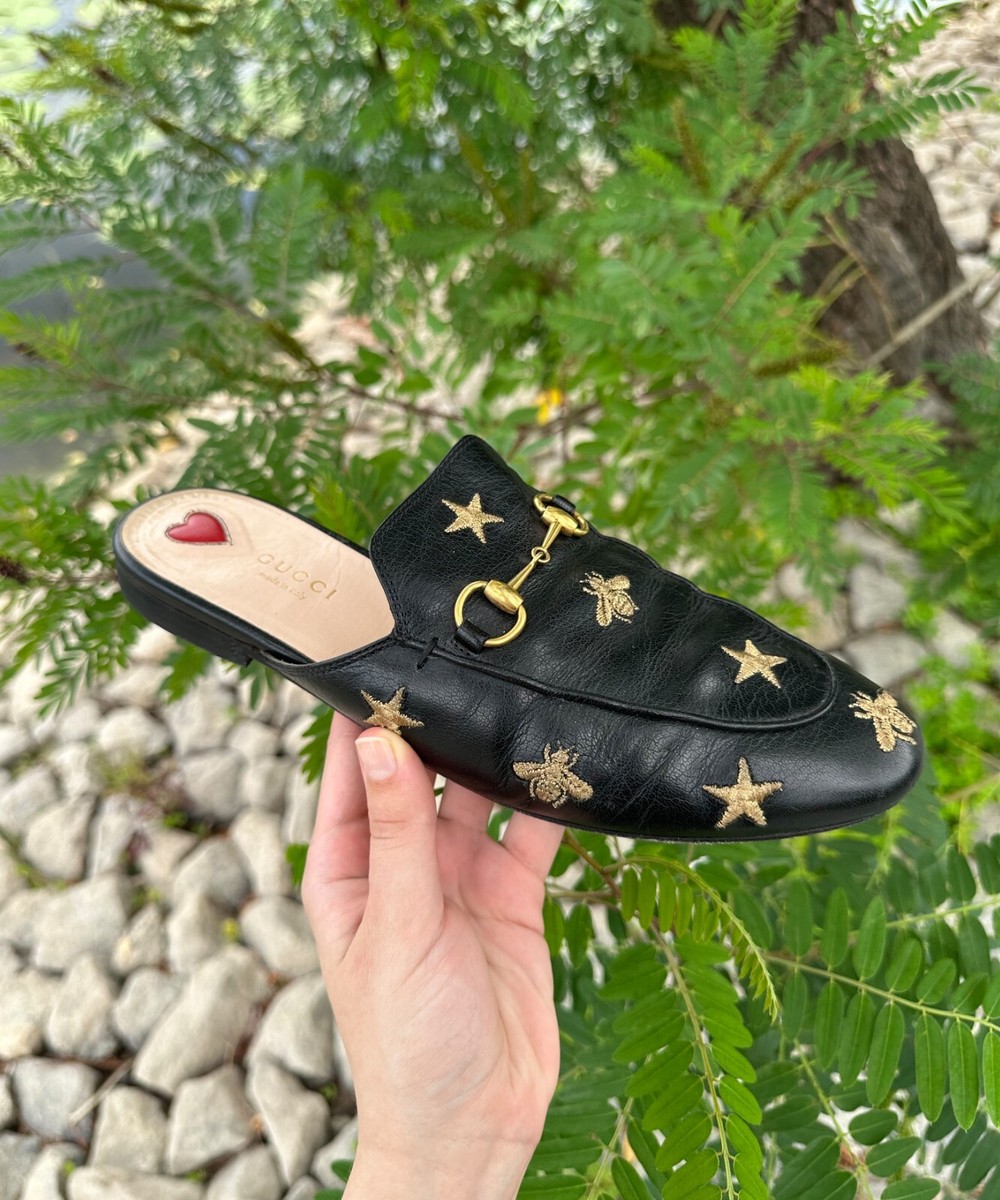Womens GUCCI Slippers Slides Princetown Bee Horsebit Leather Black