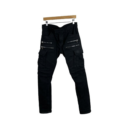 BALMAIN Biker Jeans 30 Black Cargo Denim Pants Slim Fit Cotton
