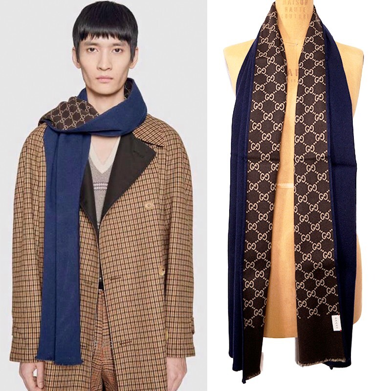 NEW $490 GUCCI Reversible Blue & LOGO GG Wool Silk Long Fall