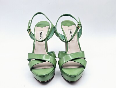 MIU MIU green enamel patent platform pumps ultra high heels