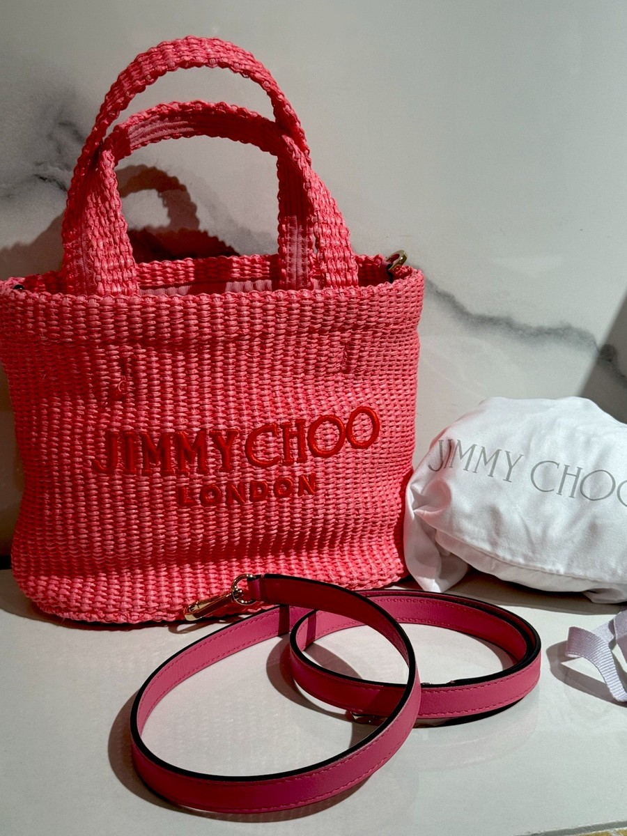 Jimmy Choo East West Raffia Beach Tote Fuchsia Pink Gold Logo