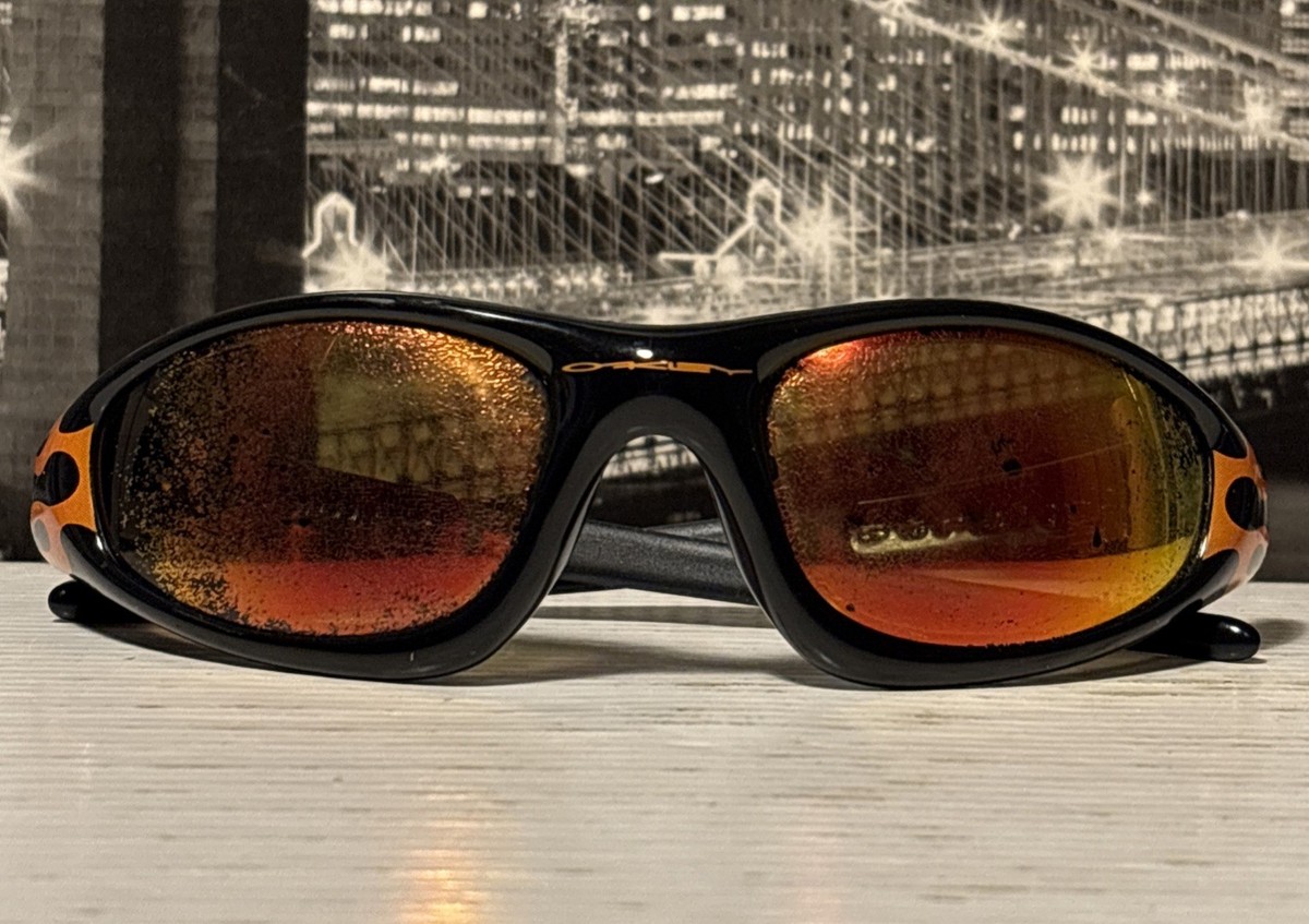 vintage oakley straight jacket sunglasses black Orange Flames Fire
