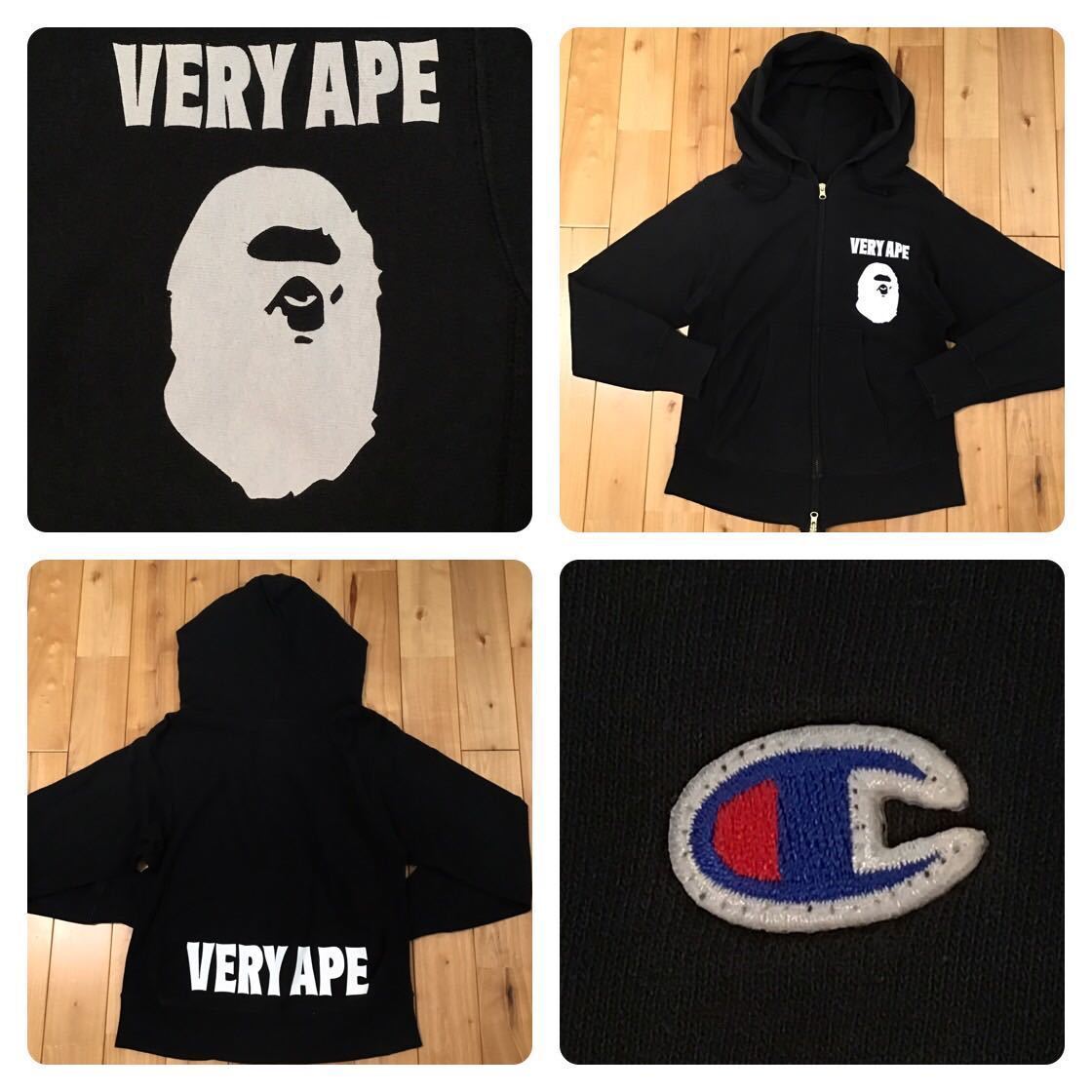 BAPE × CHAMPION VERY APE Reverse Weave Zip hoodie Black A Bathing