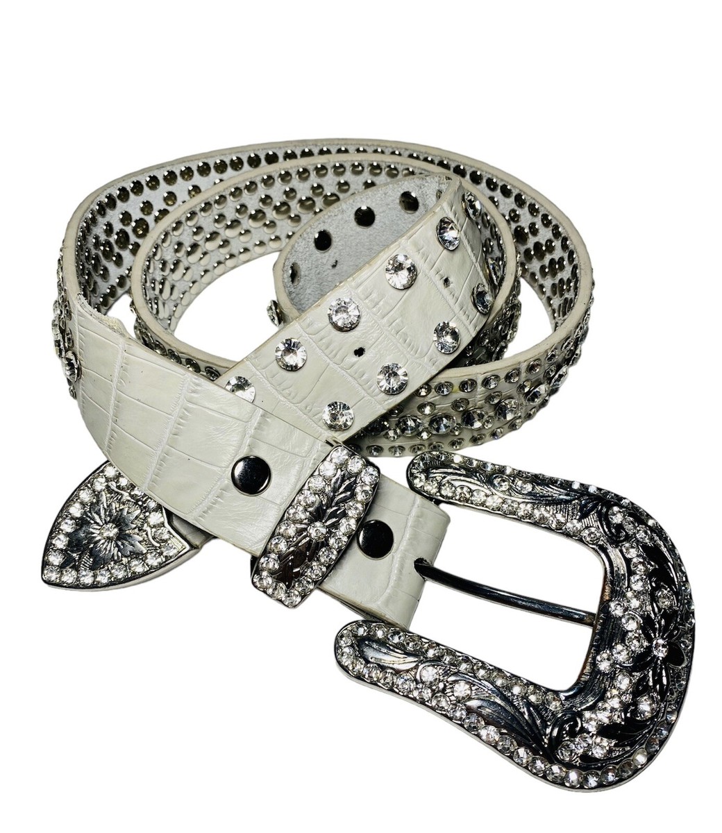 Y2K Rhinestone White Leather Belt Size Large Bling 90's Hip Hop