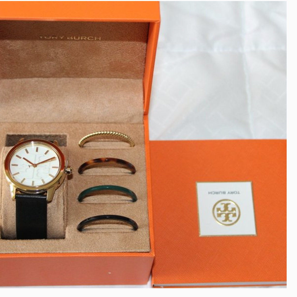 NIB TORY BURCH GIGI GOLD CASE BLACK LEATHER WATCH TOP RINGS GIFT