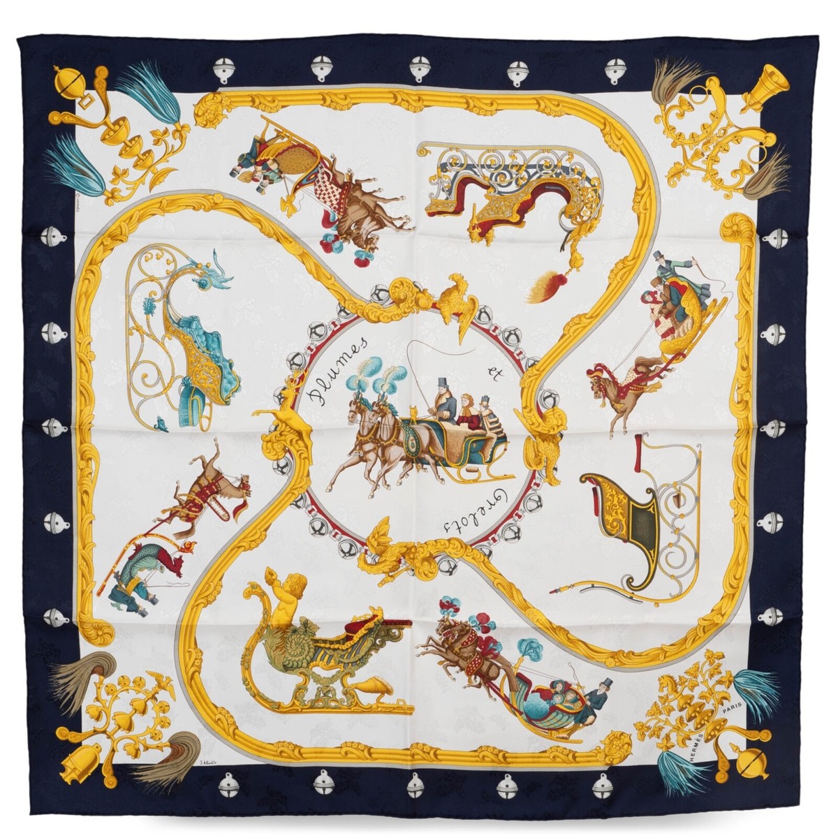 71043 auth HERMES blue silk PLUMES ET GRELOTS 90 Jacquard Scarf | eBay
