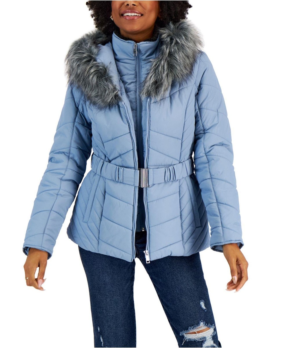 Maralyn & Me FROZEN BLUE Juniors' Faux-Fur Hooded Belted Puffer