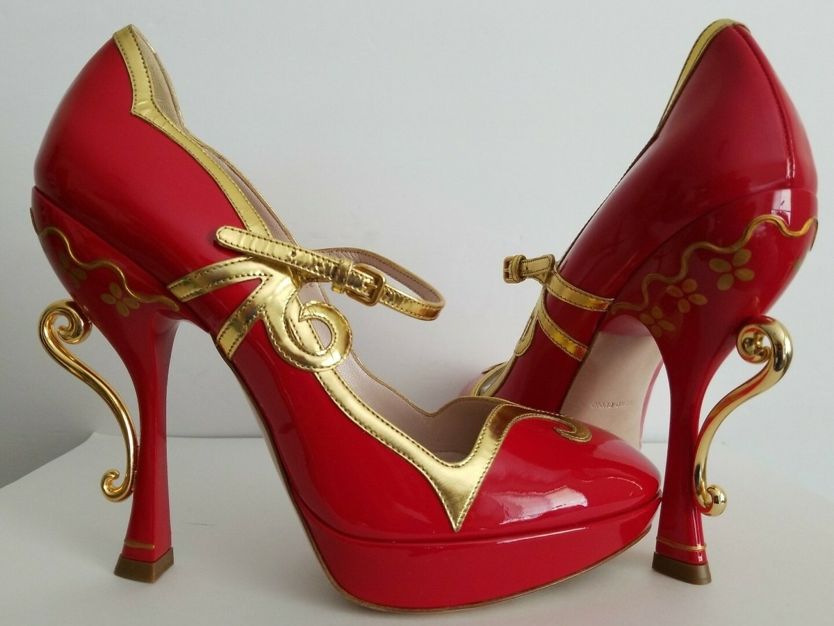 MIU MIU BREATHTAKING RED GOLD TEA CUP MARY JANE PUMPS EU 40 9 I