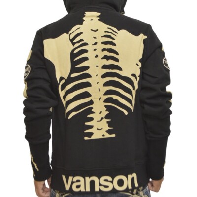 VANSON Zip Up Hoodie Jacket Bone Print Black Natural 4 Size New